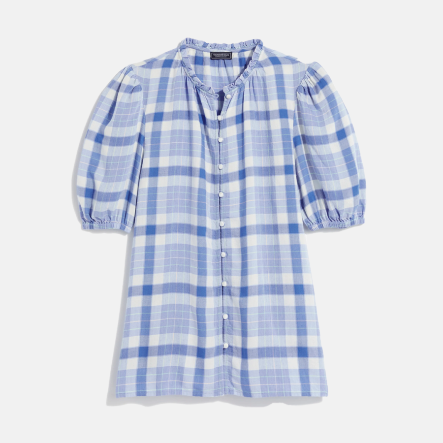 Blusa VY Plaid Ruffle Neck Puff Sleeve Twill Calm Water Plaid