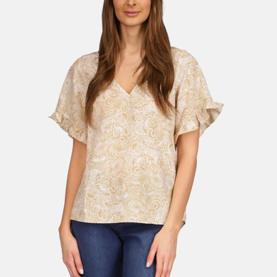 Blusa - Michael Kors Paisley-Print Ruffled-Sleeve Top Khaki